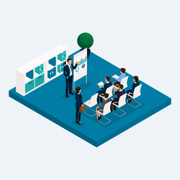 Isometric room multistoried office, meeting gpuppovoe training coachers, Teacher 3D business workers, men and women, office furniture. Vector illustration