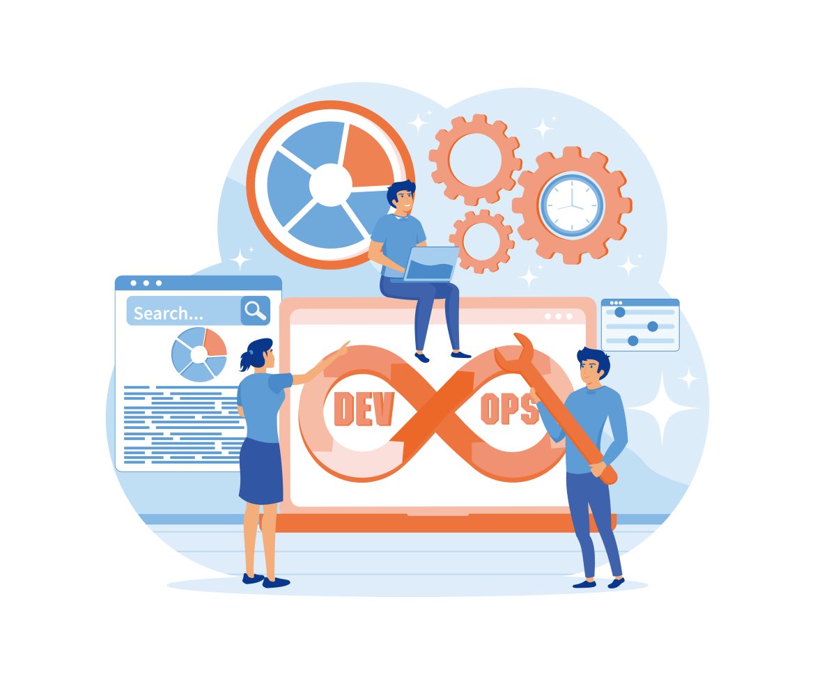 DevOps Concept Tiny Programmers Practice Development and Software Operations Software Engineering Culture Computer System Administration. flat vector modern illustration