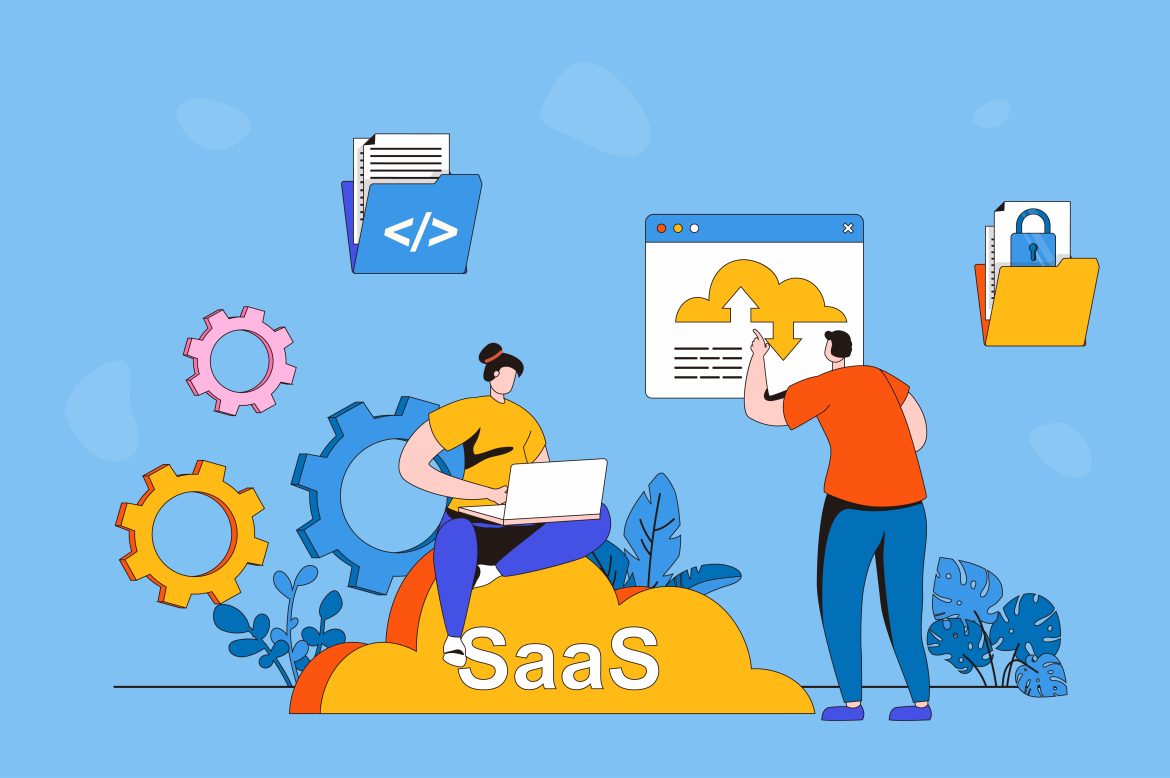 SaaS web concept in flat 2d design. Woman works on laptop and uses subscription-based programs. Man using software and cloud storage. Software as a service. Vector illustration with people scene