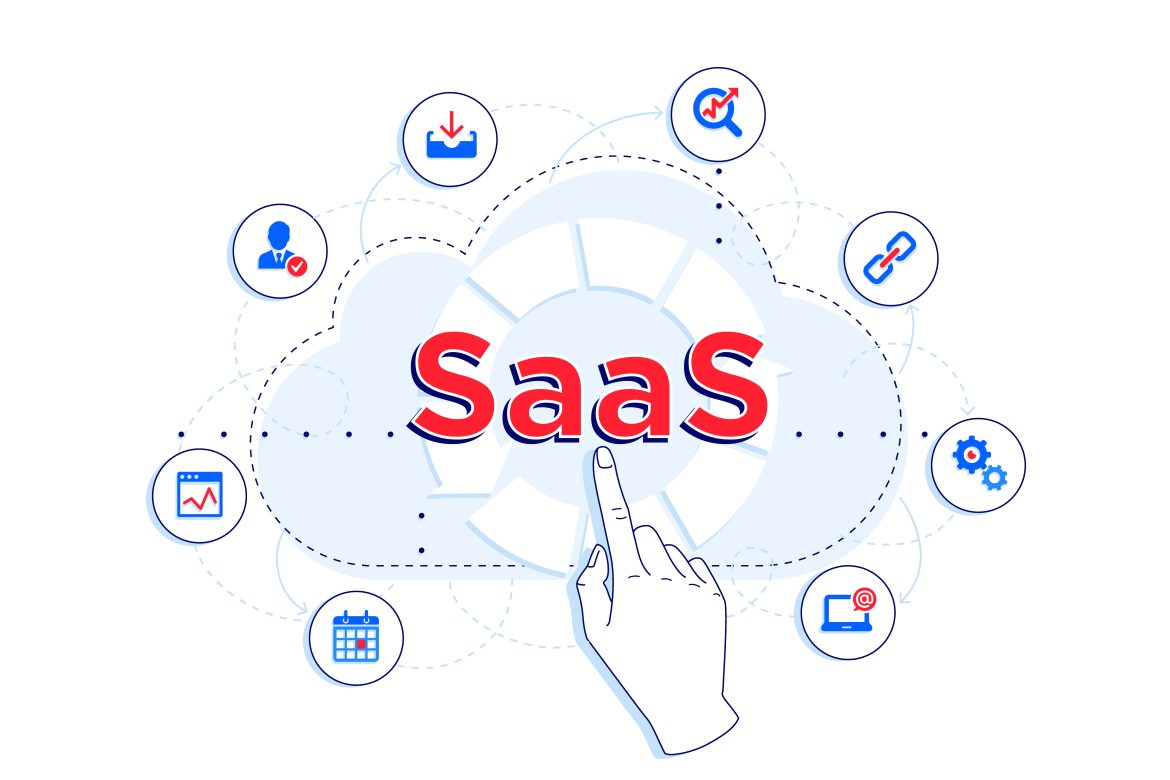 SaaS and iPaaS linear illustration. Client using SaaS for different purposes – storage, statistics, cloud computing.