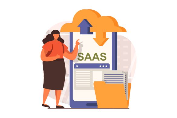 SaaS web concept in flat design. Woman uses cloud storage at smartphone app, upload and download files with protection personal data, online management. Vector illustration with characters scene